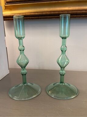POKETO Green Handmade Glass Taper Candlestick Holder Set Of 2 Original Box NEW